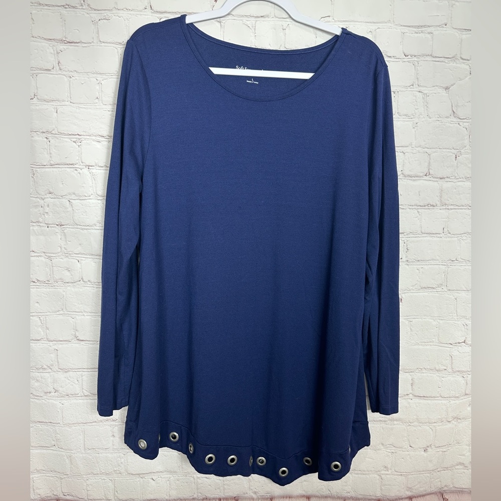 Soft‎ Surroundings Navy Blue Eyelet Hem Asymmetrical Rayon Tunic Top Blouse Sz L